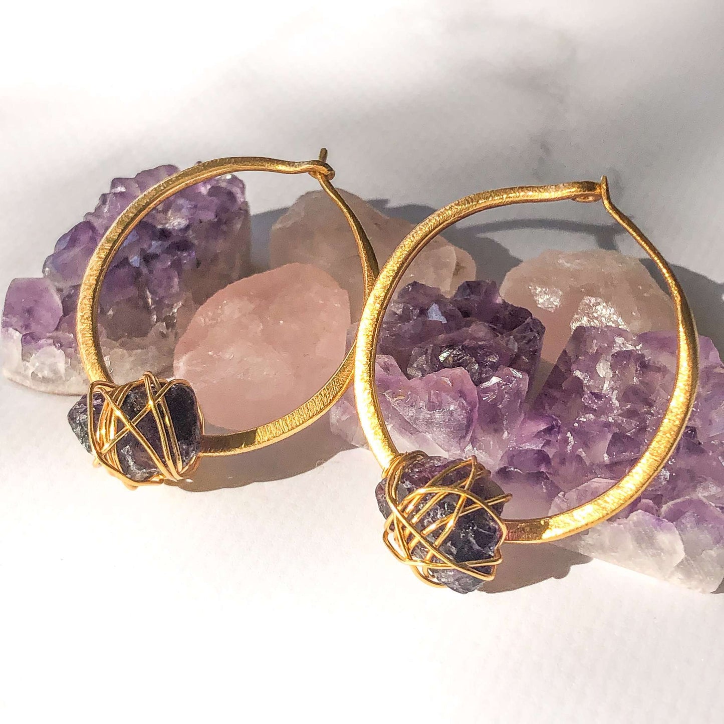 Amethyst Crystal Hoop gold Earring