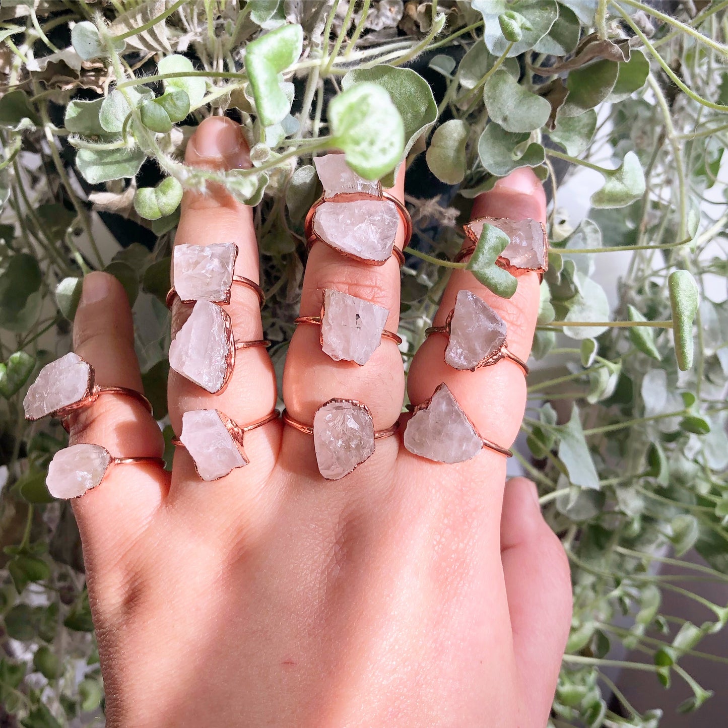 Rose quartz rings in copper