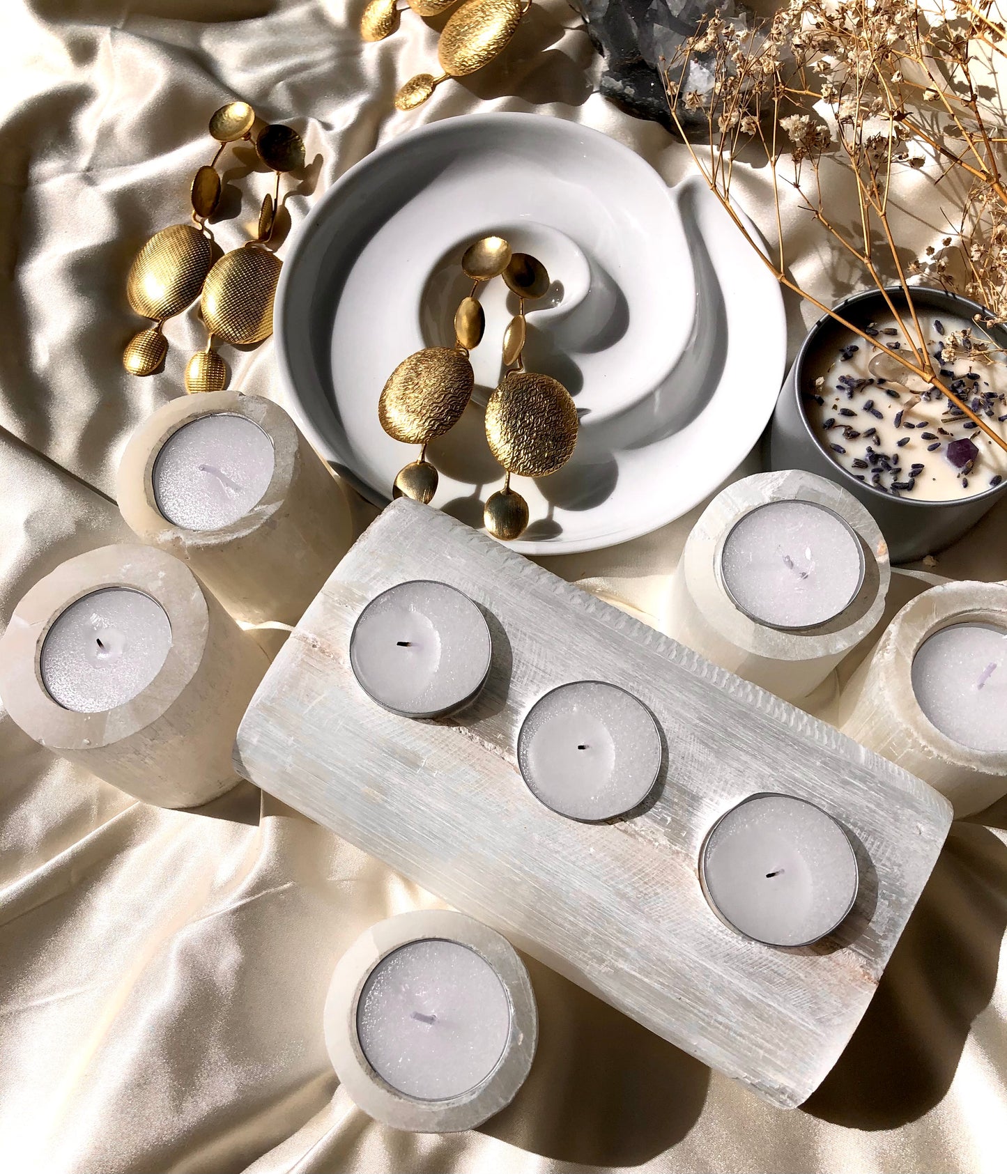 Selenite Single Tea Light Holder for one candle