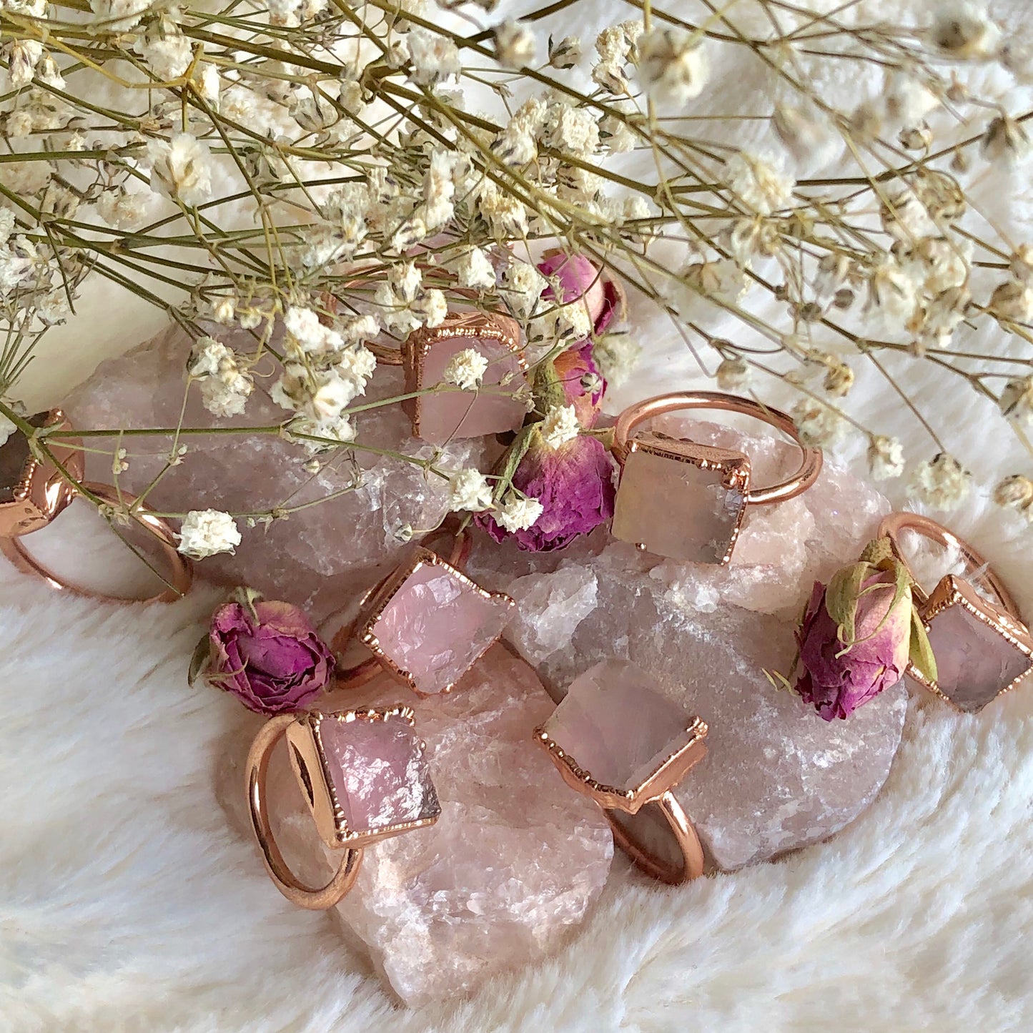 Rose Quartz Electroformed Crystal Jewellery Ring In Healing Copper
