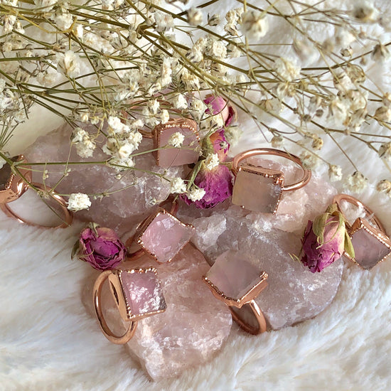 Rose Quartz Electroformed Crystal Jewellery Ring In Healing Copper
