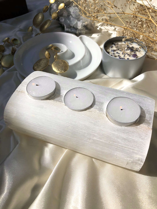 Selenite Single Tea Light Holder for three candles